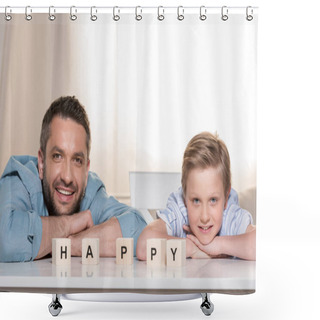 Personality  Father With Son At Table  Shower Curtains