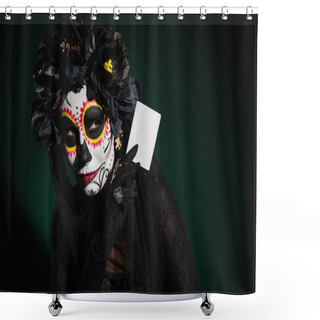 Personality  Woman In Mexican Santa Muerte Costume Holding Card On Dark Green Background  Shower Curtains