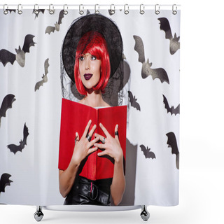 Personality  Girl In Black Witch Halloween Costume With Red Hair Holding Book Near White Wall With Decorative Bats Shower Curtains