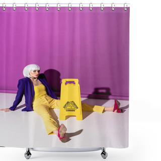 Personality  Girl In Red Shoes Sitting Near Wet Floor Sign On Purple Background Shower Curtains