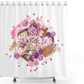 Personality  Watercolor Sweets Collection. Watercolor Image Of A Compositions Of Sweets, Cakes And Envelope. Valentines Day. Perfect For Cards, Prints, Invitations, Birthday Cards. Shower Curtains