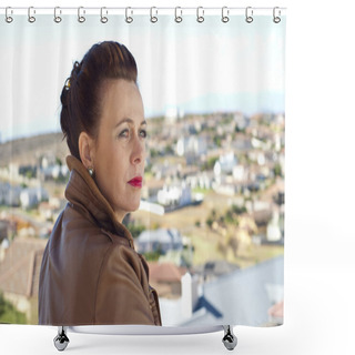 Personality  Stylish Older Woman In Brown Leather Jacket Shower Curtains