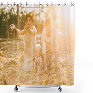 Personality  Happy Parents And Little Son In Linen Clothing Resting On Hay At Countryside Shower Curtains