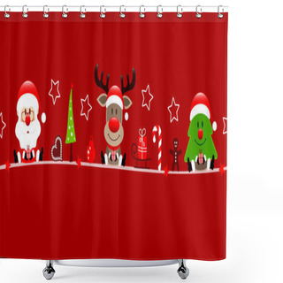 Personality  Banner Santa Reindeer And Tree Christmas Icons Red Shower Curtains