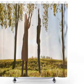 Personality  Silhouette Of Mother And Child Throwing Autumn Leaves, Park, Fall Season, Having Fun, Banner Shower Curtains