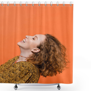 Personality  Smiling Young Red Haired Woman In Necklaces And Blouse With Modern Abstract Print Having Fun And Standing Isolated On Orange, Stylish Casual Outfit And Summer Vibes Concept, Youth Culture Shower Curtains