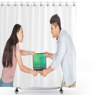 Personality  Irritated Asian Man And Woman Holding Laptop With Shopping Website On Screen Isolated On White Shower Curtains