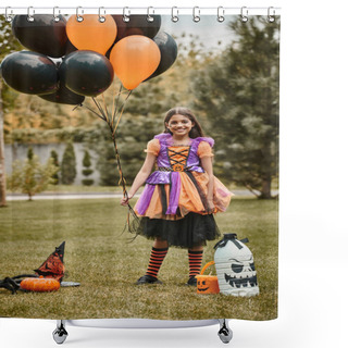 Personality  Happy Girl In Halloween Costume Holding Balloons Near Pumpkin, Pointed Hat And Candy Bucket On Grass Shower Curtains