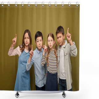 Personality  Serious Interracial Children In Casual Clothes Having Idea, Hugging And Looking At Camera During Child Protection Day Celebration On Khaki Background Shower Curtains