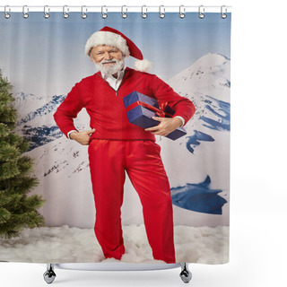 Personality  Cheerful Santa Holding Present With One Hand On Hip With Snowy Mountain Backdrop, Winter Concept Shower Curtains
