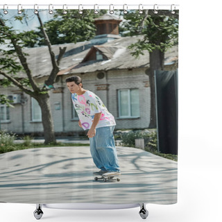 Personality  A Young Skater Boy Swiftly Rides A Skateboard Down A City Sidewalk On A Sunny Summer Day, Showcasing His Skills And Passion For The Sport. Shower Curtains