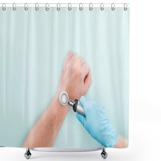 Personality  Cropped View Of Doctor Examining Hand Of Man With Dermatoscope Isolated On Blue Shower Curtains