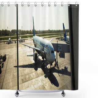 Personality  ROME, ITALY - JUNE 28, 2019: Panoramic Shot Of Airplanes At Aerodrome In Sunny Day In Rome, Italy Shower Curtains