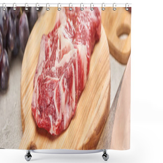 Personality  Panoramic Shot Of Raw Meat On Wooden Cutting Board On Marble Surface Near Grape Shower Curtains