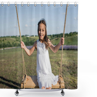 Personality  Excited Girl In Summer Dress Riding Swing In Meadow Shower Curtains