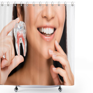 Personality  Cropped View Of Smiling Woman Holding Tooth Model Isolated On White Shower Curtains