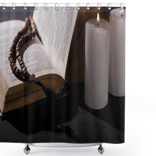 Personality  Holy Bible With Rosary On Black Dark Background With Burning Candles Shower Curtains