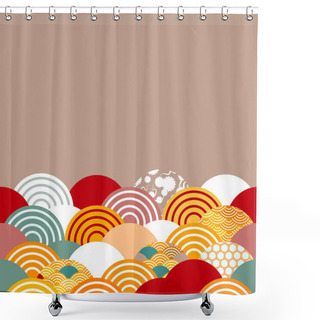 Personality  Fish Scales Simple Nature Background With Japanese Sakura Flower, Rosy Pink Cherry, Wave Circle Pattern Blue Orange Red Burgundy Colors Card Banner Design On Brown Background. Vector Illustration Shower Curtains