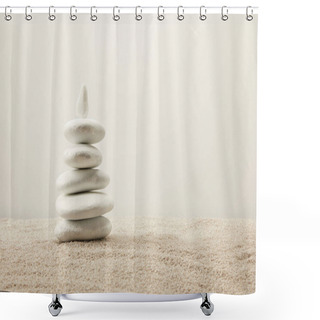 Personality  Close Up View Of Arranged White Sea Stones On Sand On Grey Background Shower Curtains