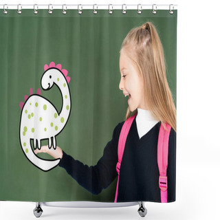 Personality  Schoolgirl Pointing With Hand At Illustrated Dinosaur On Green Chalkboard  Shower Curtains