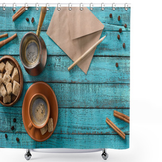 Personality  Flat Lay With Cup Of Coffee, Bowl With Brown Sugar, Envelope, Roasted Coffee Beans And Cinnamon Sticks Around On Blue Wooden Tabletop Shower Curtains