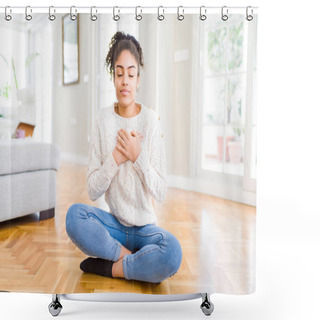 Personality  Beautiful Young African American Woman With Afro Hair Sitting On The Floor Smiling With Hands On Chest With Closed Eyes And Grateful Gesture On Face. Health Concept. Shower Curtains