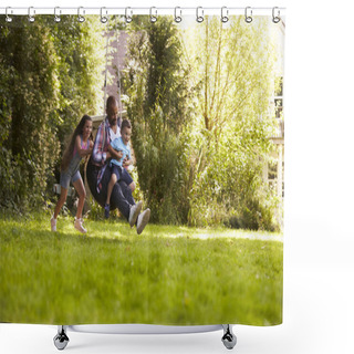 Personality  Daughter Pushing Father And Son On Tire Swing In Garden Shower Curtains