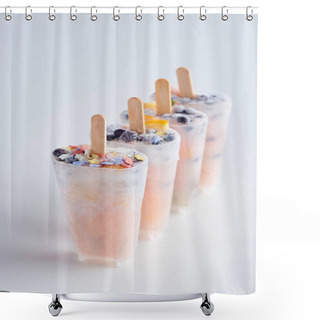 Personality  Close-up View Of Fresh Frozen Homemade Ice Cream With Fruits And Berries On Grey Shower Curtains