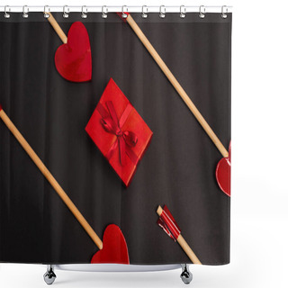 Personality  Top View Of Heart-shaped Arrows Near Wrapped Present On Black  Shower Curtains