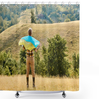 Personality  Back View Of Adult Ukrainian Farmer With Tattoos On Arms Posing With National Flag, Scenic Landscape Shower Curtains