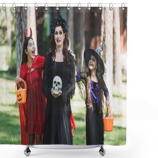 Personality  Girls In Devil And Witch Halloween Costumes Frightening Scared Mom In Forest Shower Curtains