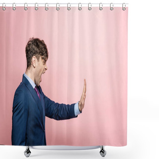 Personality  Angry Businessman Quarreling And Showing Stop Gesture On Pink Background Shower Curtains