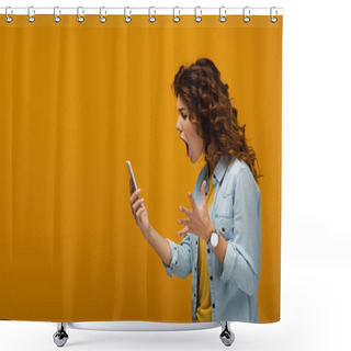 Personality  Angry Redhead Woman Gesturing While Looking At Smartphone And Screaming On Orange  Shower Curtains