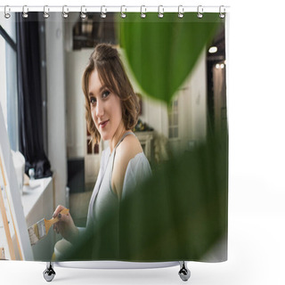 Personality  Young Artistic Girl Looking At Camera Through Leaves While Painting In Light Studio Shower Curtains