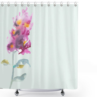 Personality  Painted Watercolor Card With Beautiful Pink Orchid, Space For Text. Hand Drawn On Light Blue Background Illustration. Shower Curtains