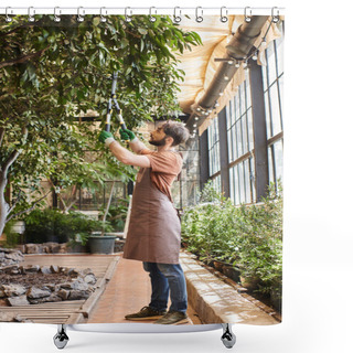 Personality  Handsome Gardener In Gloves And Apron Cutting Branch On Tree With Big Secateurs In Greenhouse Shower Curtains