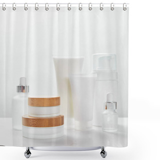 Personality  White Surface With Glass Bottles, Cream In Tubes, Jars And Cosmetic Dispenser Shower Curtains