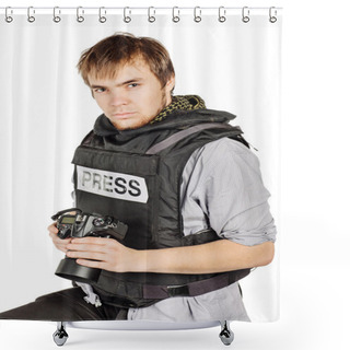 Personality  Press Photographer Wears A Protective Vest And Takes Photos With Shower Curtains