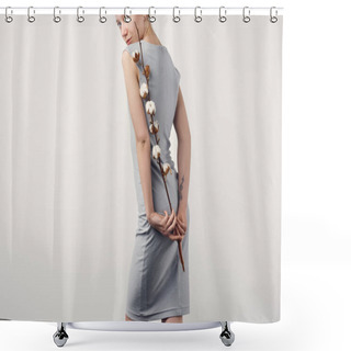 Personality  Beautiful Young Woman Holding Cotton Branch Behind Back Isolated On White Shower Curtains
