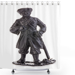 Personality  Old Pirate Captain In Authentic Looking Costume Close-up Isolated On A White Background. Miniature Figurine Of A Children's Toy. Shower Curtains