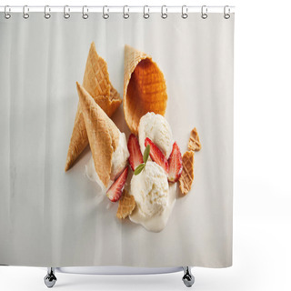 Personality  Waffle Cones And Melting Ice Cream With Strawberries On Grey Shower Curtains