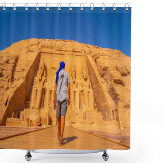 Personality  A European Tourist Visiting The Abu Simbel Temple In Southern Egypt In Nubia Next To Lake Nasser. Temple Of Pharaoh Ramses II, Travel Lifestyle Shower Curtains