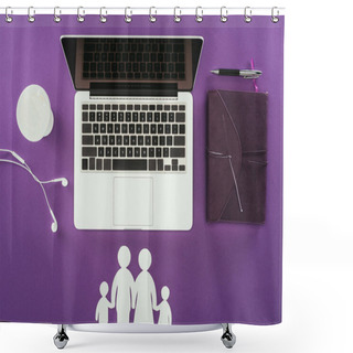 Personality  Top View Of Business Workplace With Cut Out Family Figures On Purple Surface, Family Insurance Concept Shower Curtains