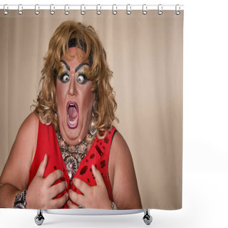 Personality  Funny Travesty Actor. Drag Queen In Red. Feelings And Emotions. Fat Man And Make-up. Fright Shower Curtains