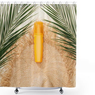 Personality  Top View Of Stylish Straw Hat On Golden Sand With Green Palm Leaves And Sunscreen Shower Curtains