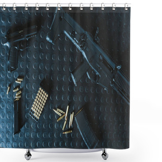 Personality  Top View Of Gun And Rifle With Bullets On Table Shower Curtains