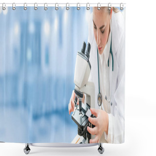 Personality  Scientist Researcher Using Microscope In Laboratory. Medical Healthcare Technology And Pharmaceutical Research And Development Concept. Shower Curtains