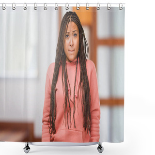 Personality  Portrait Of A Young Black Woman Wearing Braids Doubting And Confused, Thinking Of An Idea Or Worried About Something Shower Curtains