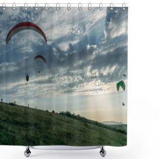 Personality  Mountainous Landscape With Paratroopers Flying In The Sky, Crimea, Ukraine, May 2013 Shower Curtains