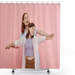 Personality  Cheerful And Stylish Woman Holding Hands Of Preteen Daughter On Pink Backdrop, Happy Family Shower Curtains